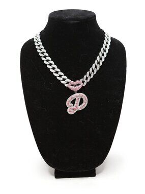 Silver Iced Out Cuban Chain Pink Lips Rhinestone D Pendant Necklace Y2K